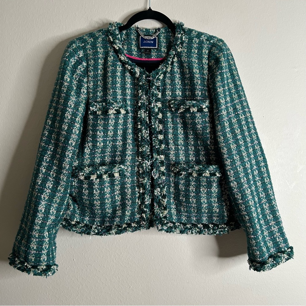 J.crew lady Green emerald Tweed Jacket Old‎ Money Size 12